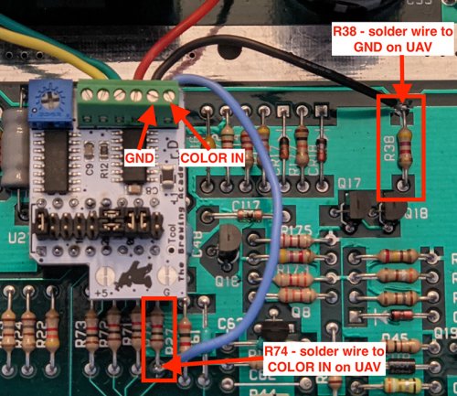 Wires soldered to R74 and R38